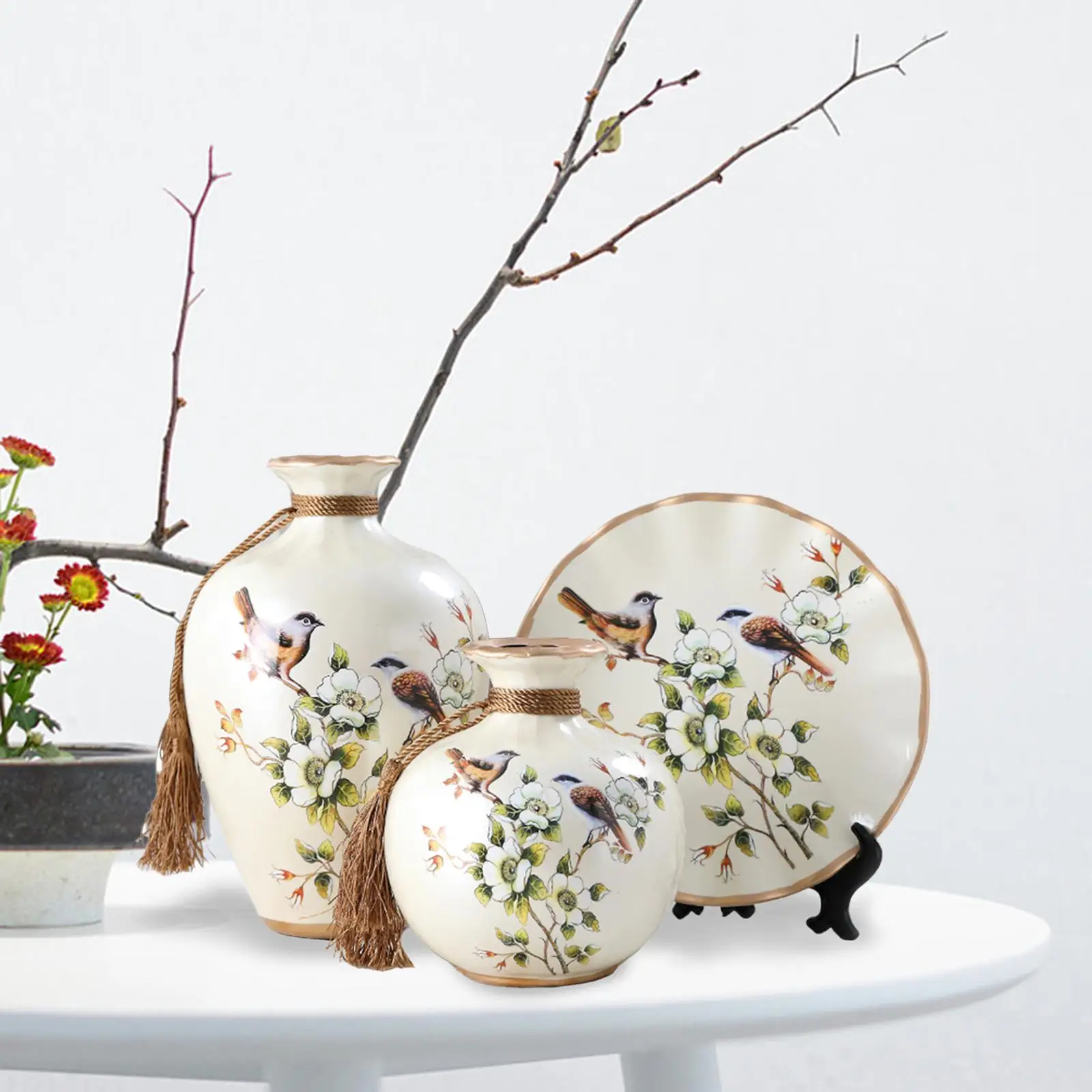 3x Ceramic Vases Bird Pattern Ornaments Flower Vase for Farmhouse Mantel