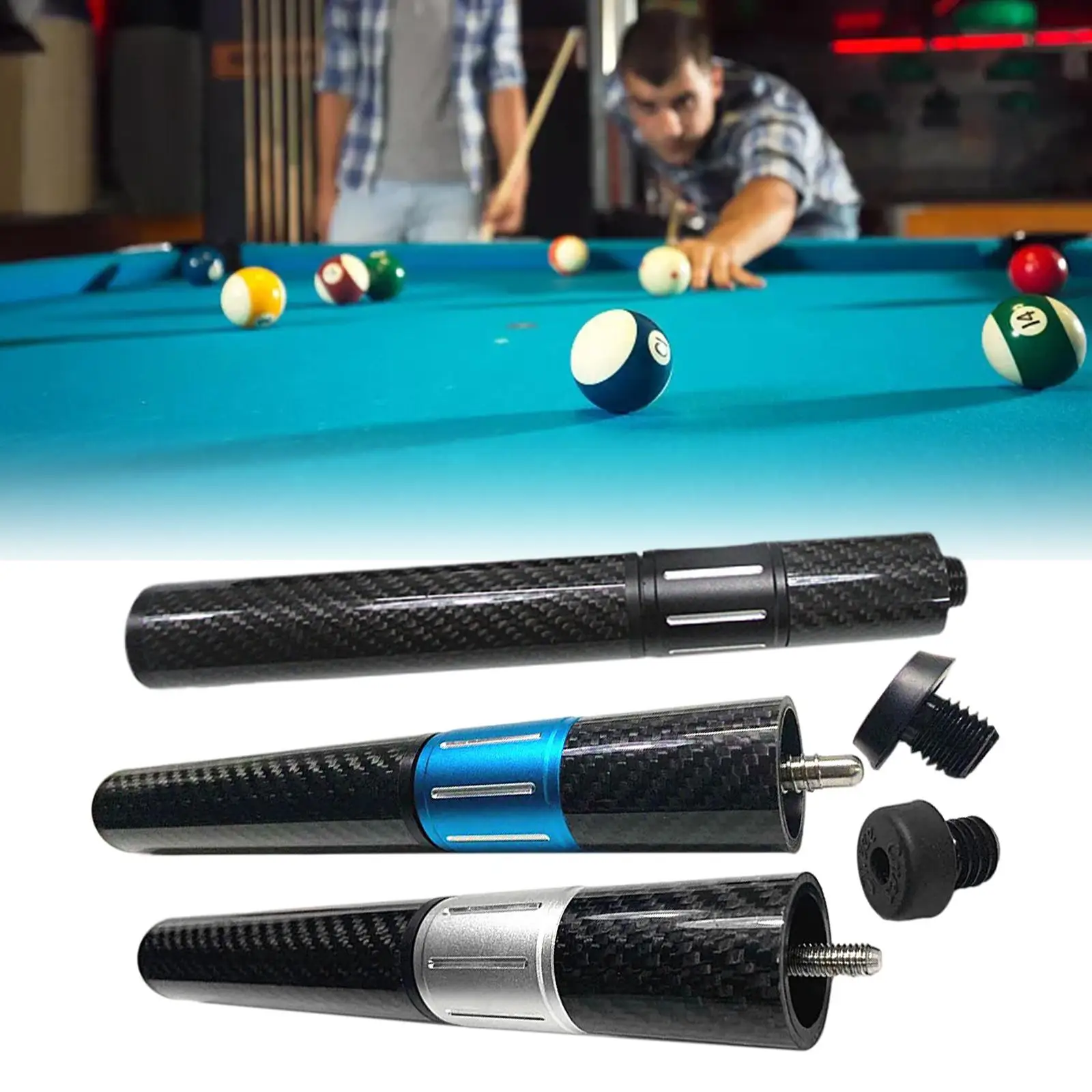 Pool Cue Butt End Extender Telescopic Carbon Fiber Accessories, Lengthen Tools Light Weight Black Nine Ball Club for Billiard