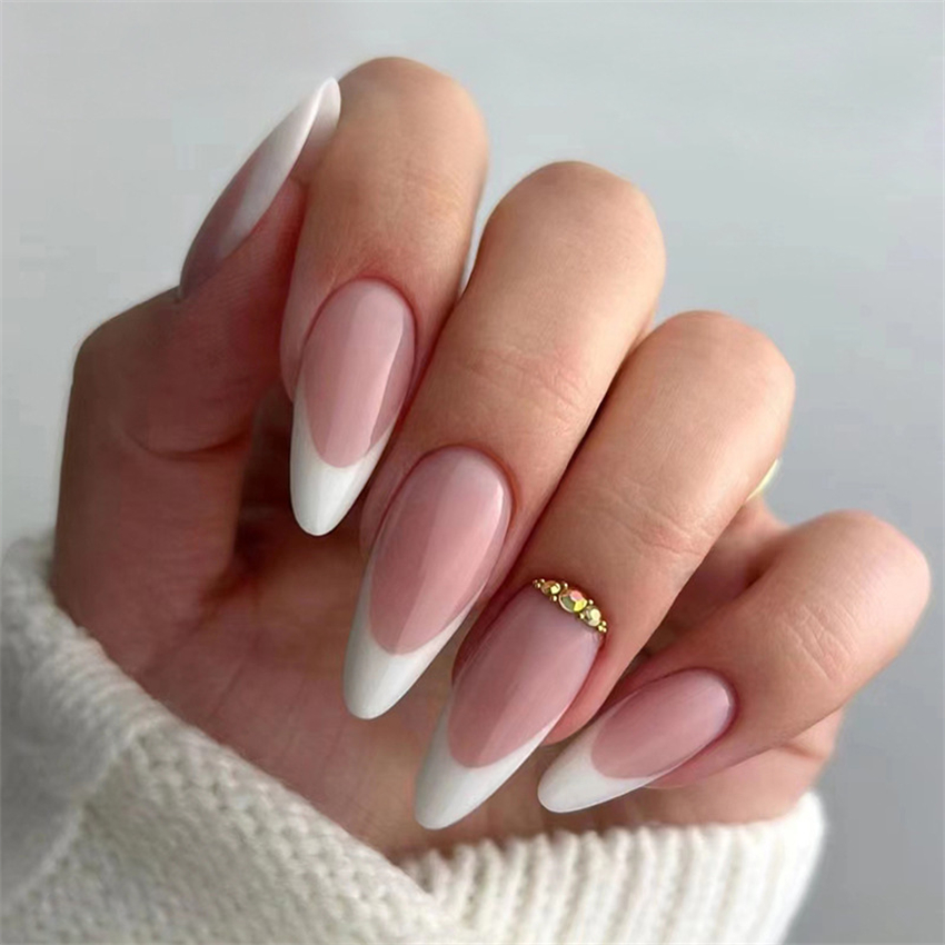 Best of 24Pcs / Set Medium Long Almond Fake Nails With Diamonds White Edge Oval Shiny Artificial Removable Reusable Press On Acrylic Nails Reviews & Tips