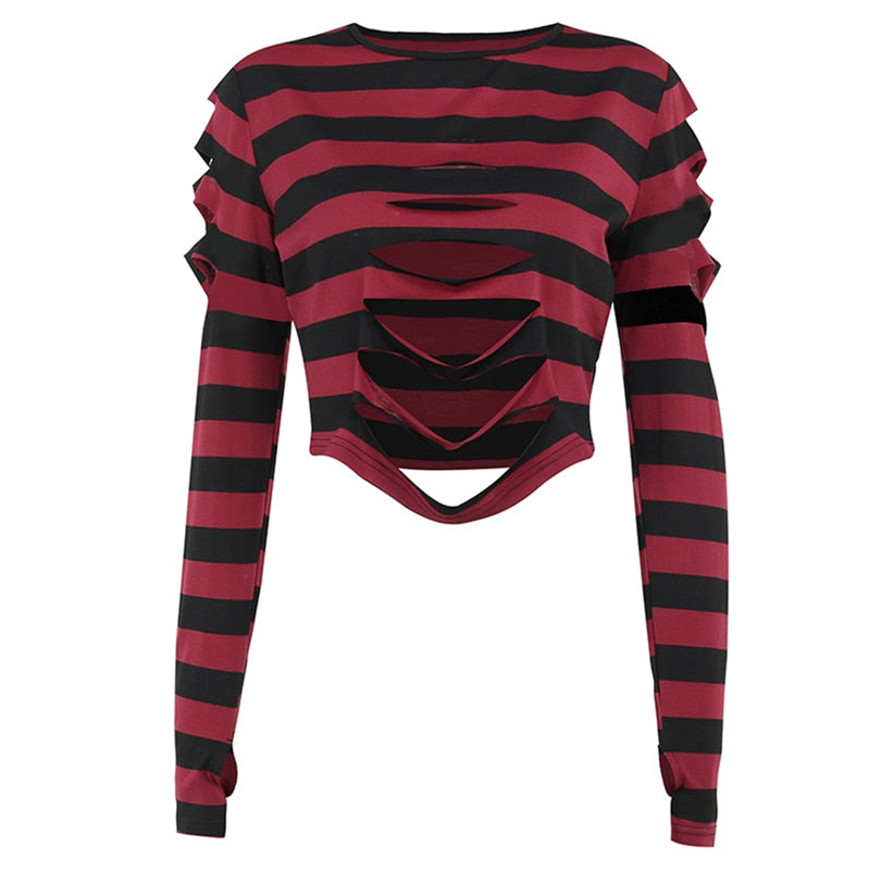 Camiseta Cyber Punk Y2K de los años 2000 para mujer, de manga larga, cuello redondo a rayas y agujero, ropa gótica, camisetas E-girl, ropa urbana