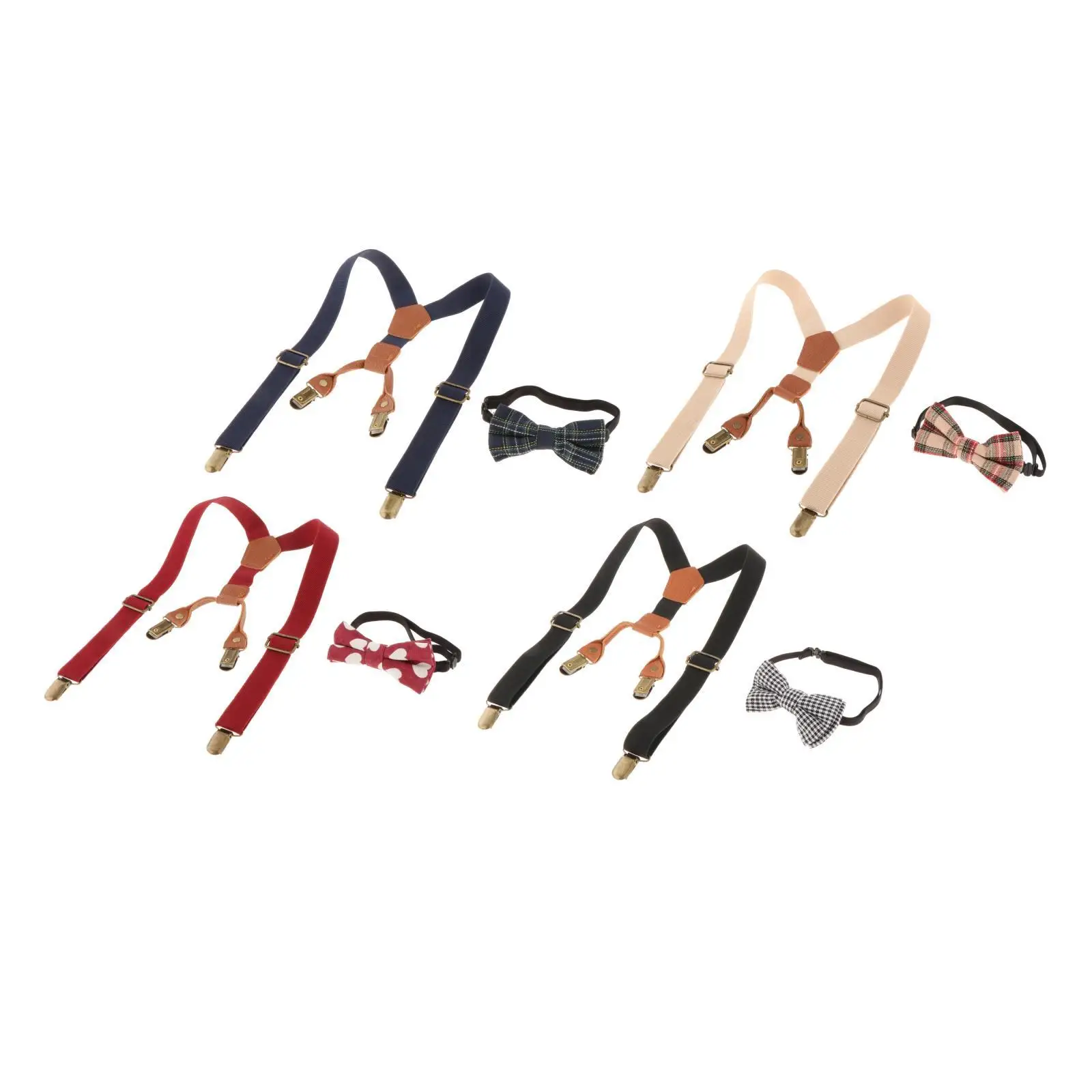 Kids Suspenders & Bowtie Set 4 Clips Elastic Straps 1 inch Wide Adjustable Braces for Boys Girls