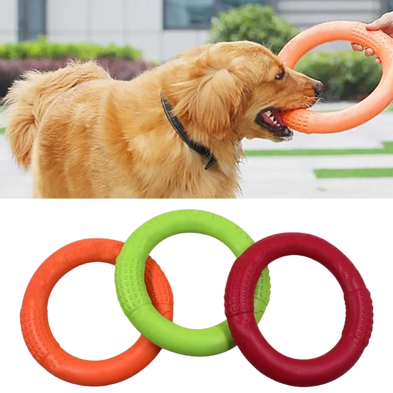 Un perro golden retriever jugando con un frisbee. El perro está atrapando el frisbee con la boca. Debajo de la foto del perro, se muestran tres frisbees de diferentes colores: naranja, verde y rojo.