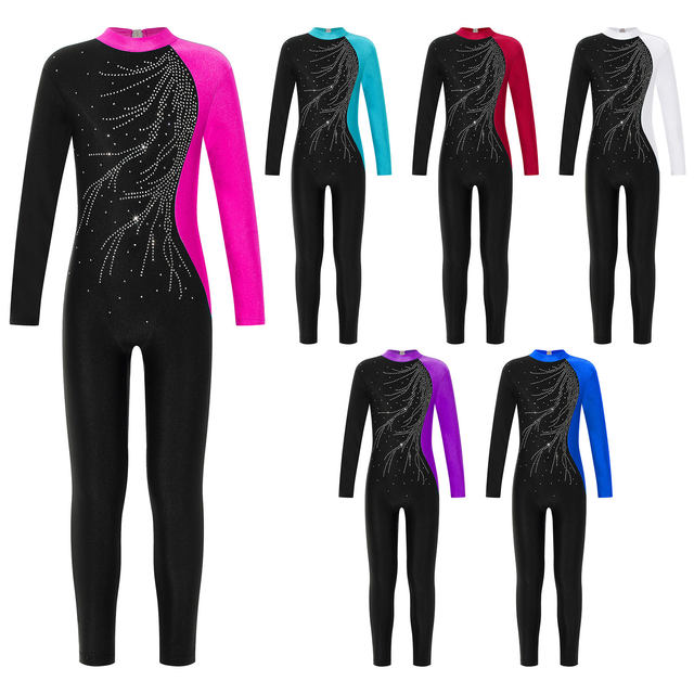 Justaucorps Danse Ballet Fille - Manches Longues Strass - Pour Gymnastique, Patinage - Taille 5-16 Ans