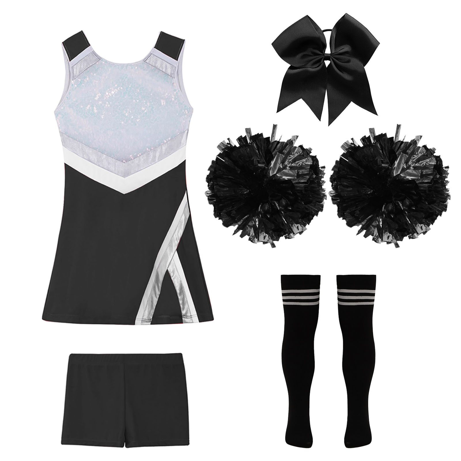 Cheerleader-Kostüm für Mädchen, Cheerleading-Uniform, modernes Tanzoutfit, glänzendes Paillettenkleid mit Shorts, Tanzkleidung – Detail 16
