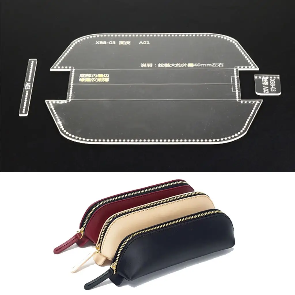 3 Pieces Leather Craft Acrylic Zipper Pencil Bag Pen Case Pattern Templates Stencils