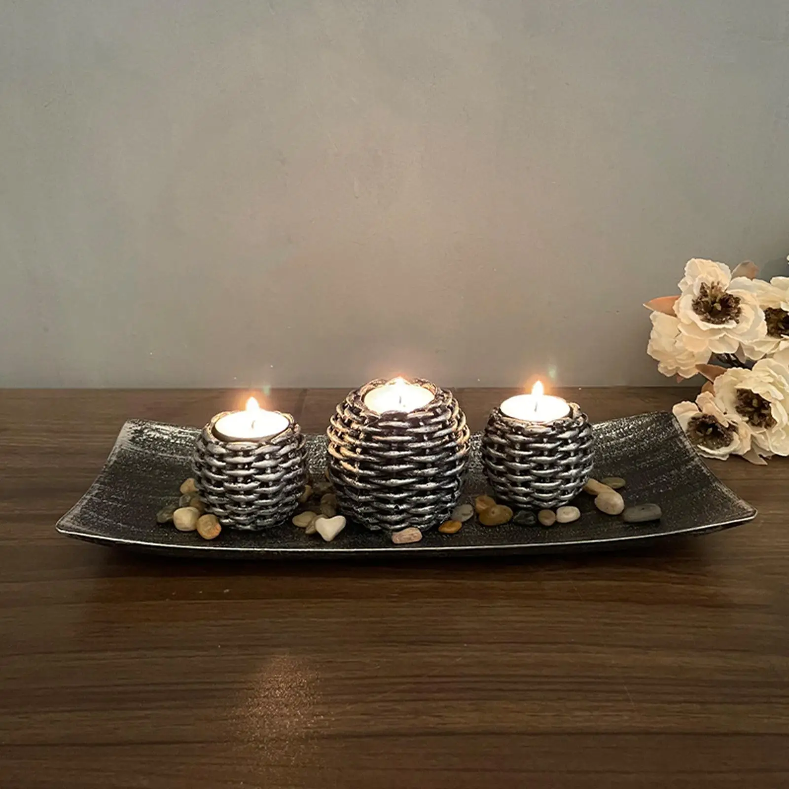W/ Cups Rattan Design Candle Holder Resin Candlestick Resin Crafts Home Furnishing Easy Use Candle Holder Set for Hotel Ornament