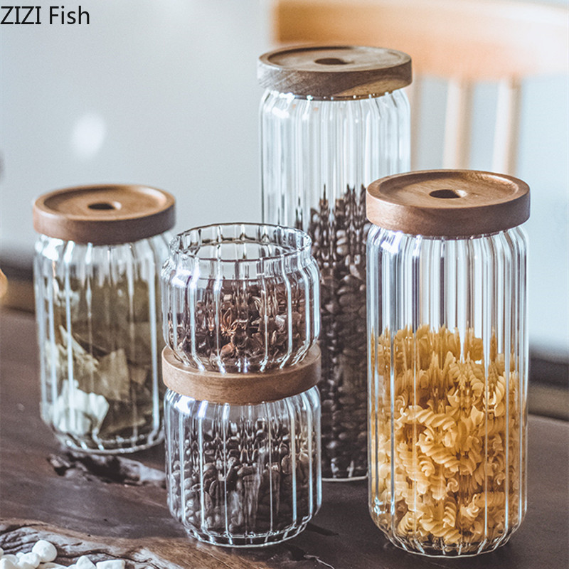 Description Picture 2 of itemWood Lid Orgnizer Glass Airtight Canister Kitchen Storage Bottles Jar Sealed Food Container Ginger Cereal Dispenser Stash Cans