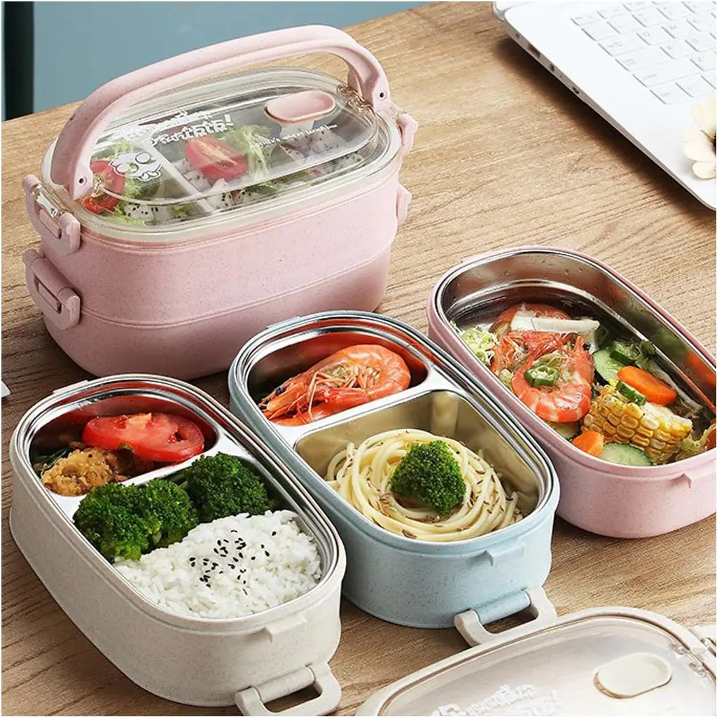 Lunch Bento Box, 2-Compartments, Double Layers, Leak-Wheat Straw Microwave Portable for Picnic Food Storage Container