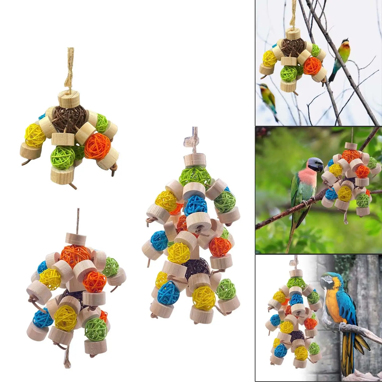 Multicolored Rattan Balls Bird Block Knots Tearing Toy Wood Hanging Natural Parrot Chewing Toy for Canary Gift Entertainment