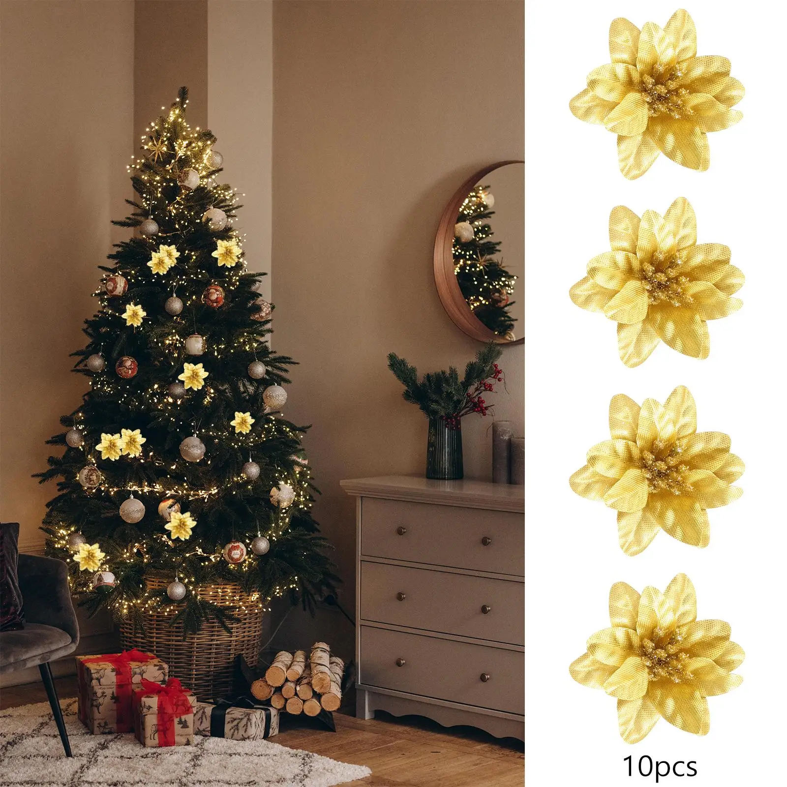 10Pcs Glitter Christmas Flowers Artificial Flowers Christmas Tree Decoration Xmas Tree Ornaments for New Year Garland DIY Wreath