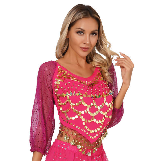 Crop Top Con Paillettes Per Danza Del Ventre - Manica Lunga, Chiffon, Orlo Irregolare - Foto 12