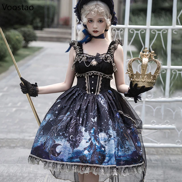 Japanese Gothic Lolita Jsk Dress Vintage Dark Lace Mesh Bow Fairy 