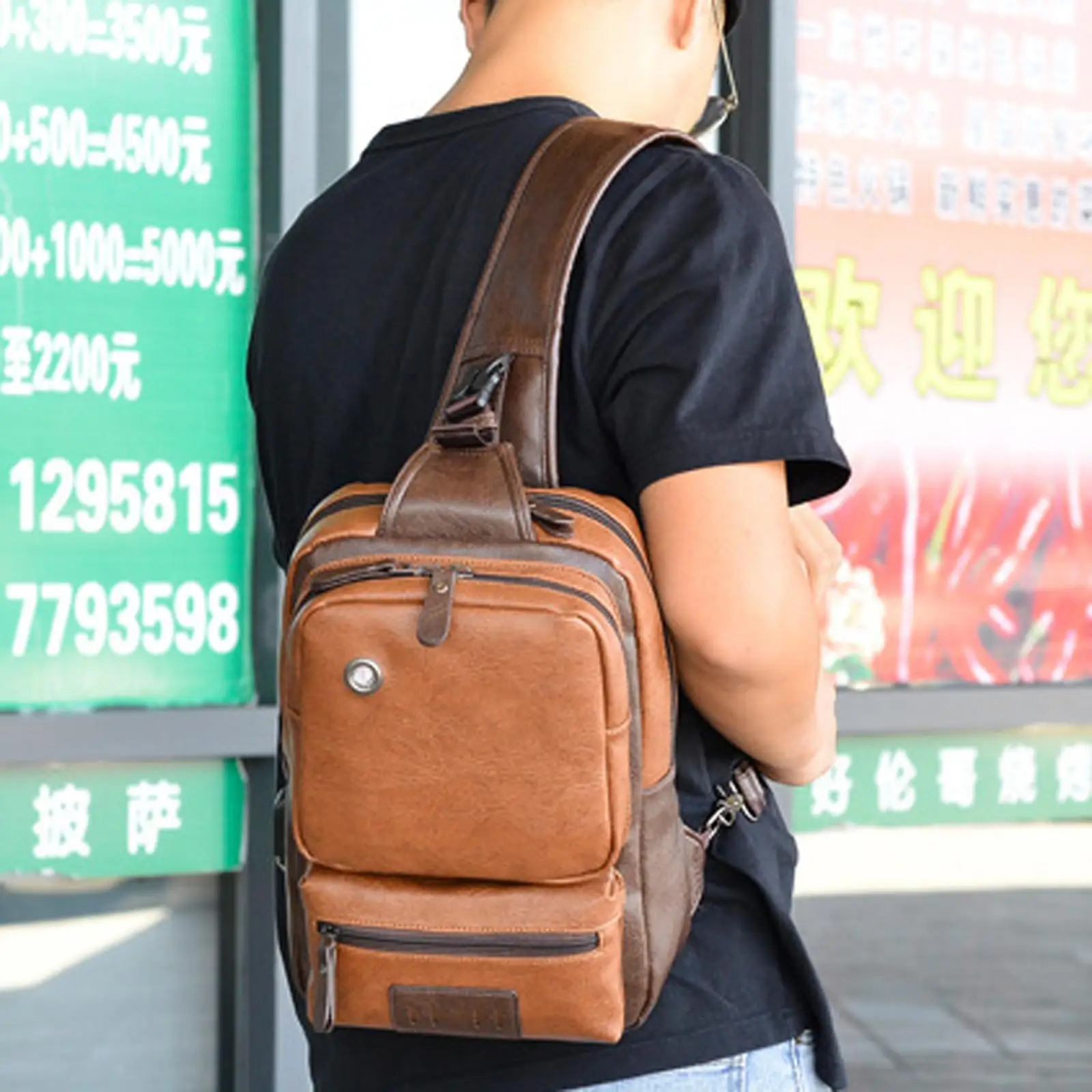 Men`s Sling Bag Messenger Bag Daypack Anti-Theft Waterproof PU Leather One Strap Backpack Shoulder Pack for Business Outdoor