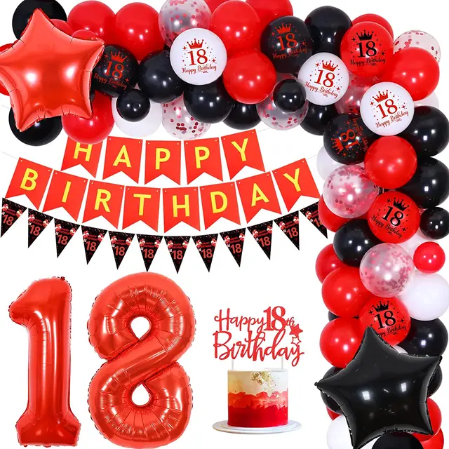 Decoración de fiesta de cumpleaños para niños y niñas, banderines, globos y  adornos para Tartas, rojo y negro, Suppl de feliz cumpleaños 18 - AliExpress