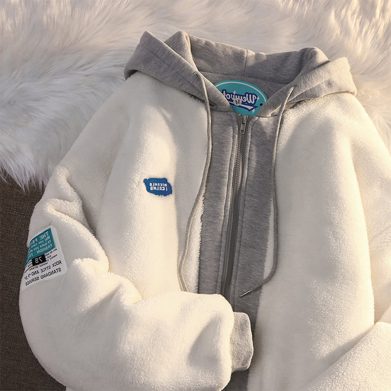 2023 Autumn Winter Women's Zipper Long Sleeve Patchwork Sweatshirts American Retro Knitwear Drawstring Fashion Vintage Hoodies