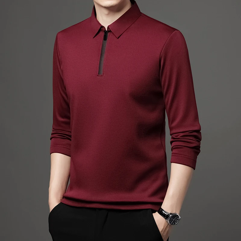 S4b85146388494fc88b39823e0e16ffe0a New T Shirt Zipper Polo Shirt Male Fashion Turn-Down Collar Long Sleeve Business Men Clothes