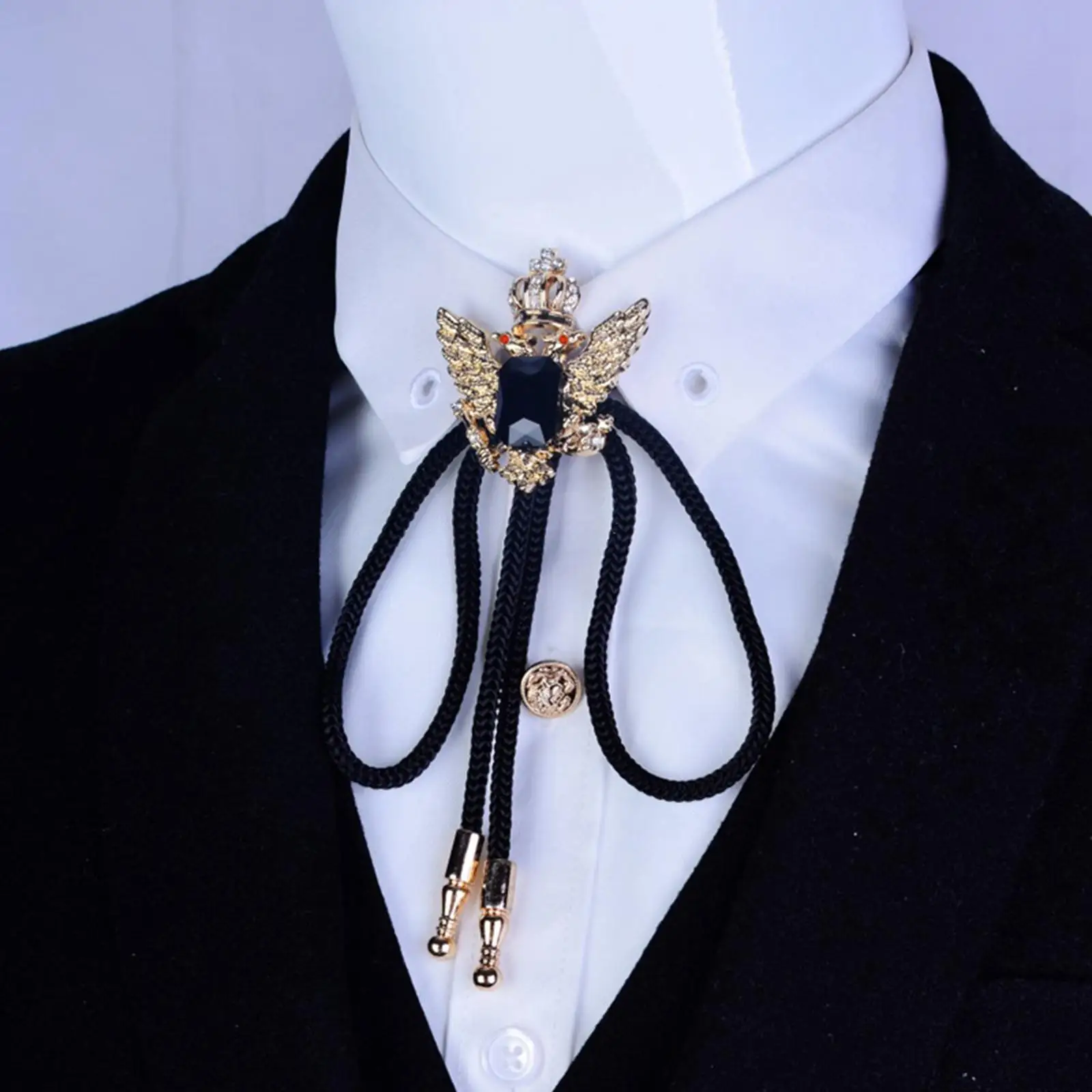 Vintage Style Double Head Eagle Rhinestone Bolo Tie, Halloween Costume Accessories Fashionable Rope Length 106cm Gold Plated