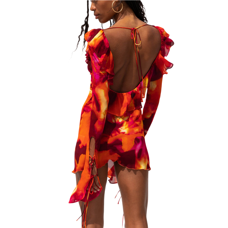Vestidos tie-dye para mujer, con volantes anudados, escote en V profundo, espalda descubierta, vestido de cóctel ajustado, vestidos de fiesta de playa Y2K, ropa de club
