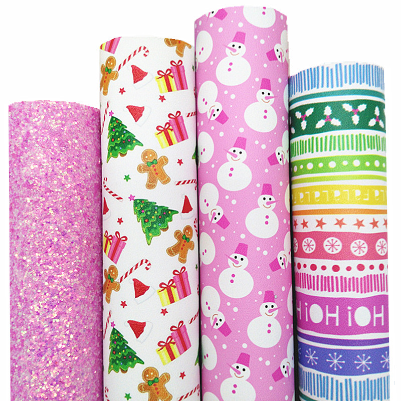 Description Picture 2 of itemPink Glitter Leather Sheets Stanta HO Christmas Tree Gingerbread Printed Smooth Synthetic Leather For Bow DIY 21x29CM Q1516