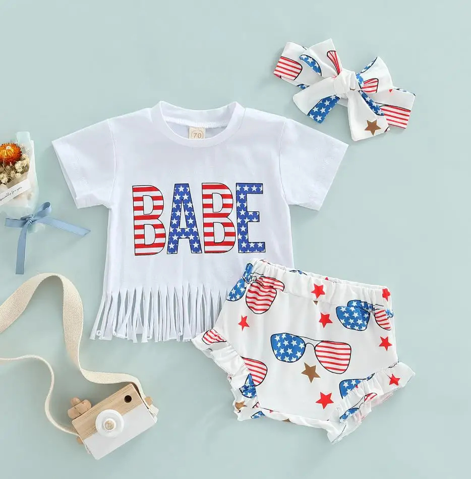 baby clothing set line 4th of July Baby Girl Outfits Set Short Sleeve Fringe Tassel Top T-Shirt Ruffle Bloomer Shorts Independence Day Clothes Set Baby Clothing Set