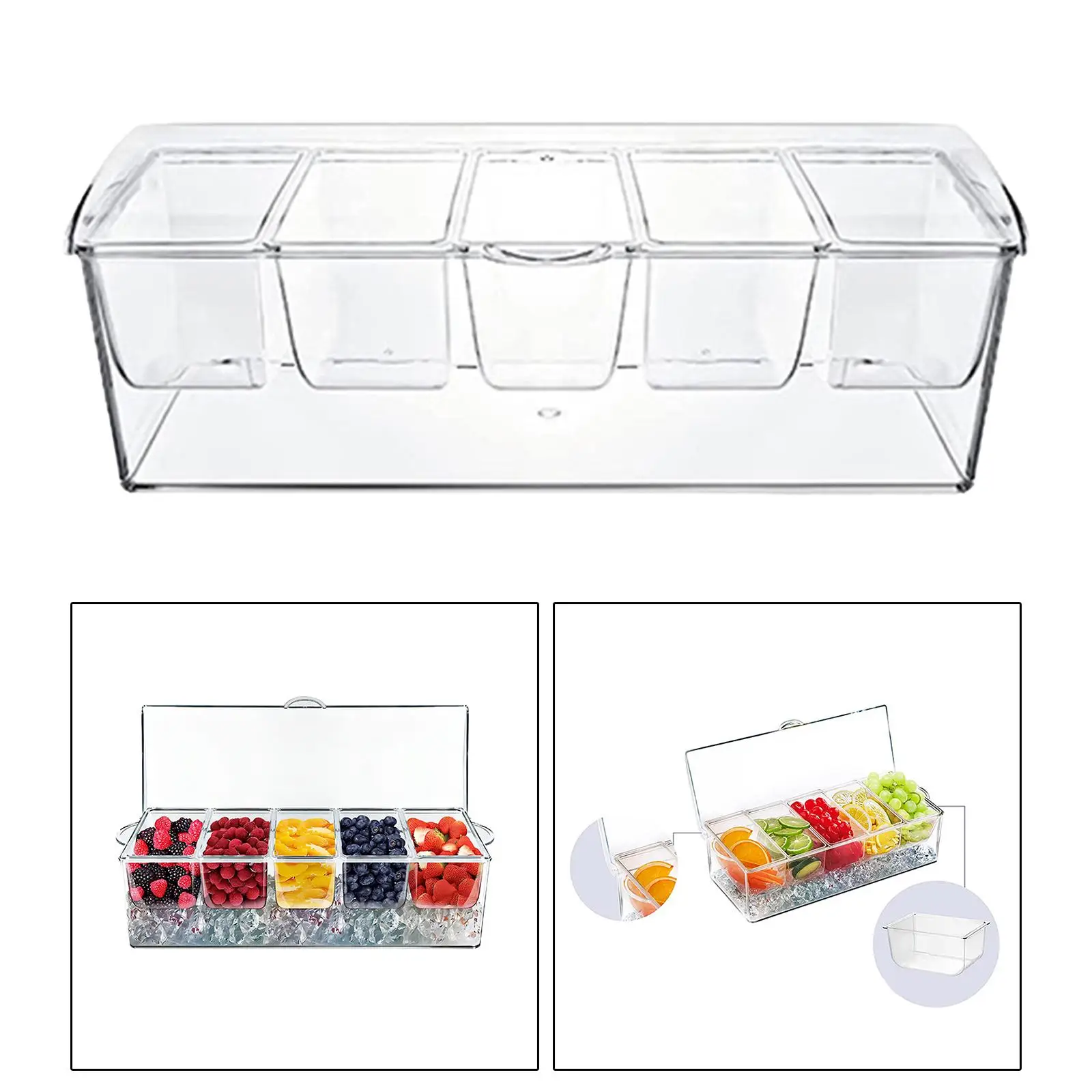 Chilled Condiment Server Caddy 5 Compartment Clear PP Material Durable 16x6.3x4.4inch Hinged Lid for Hotdog Cart, Entertaining