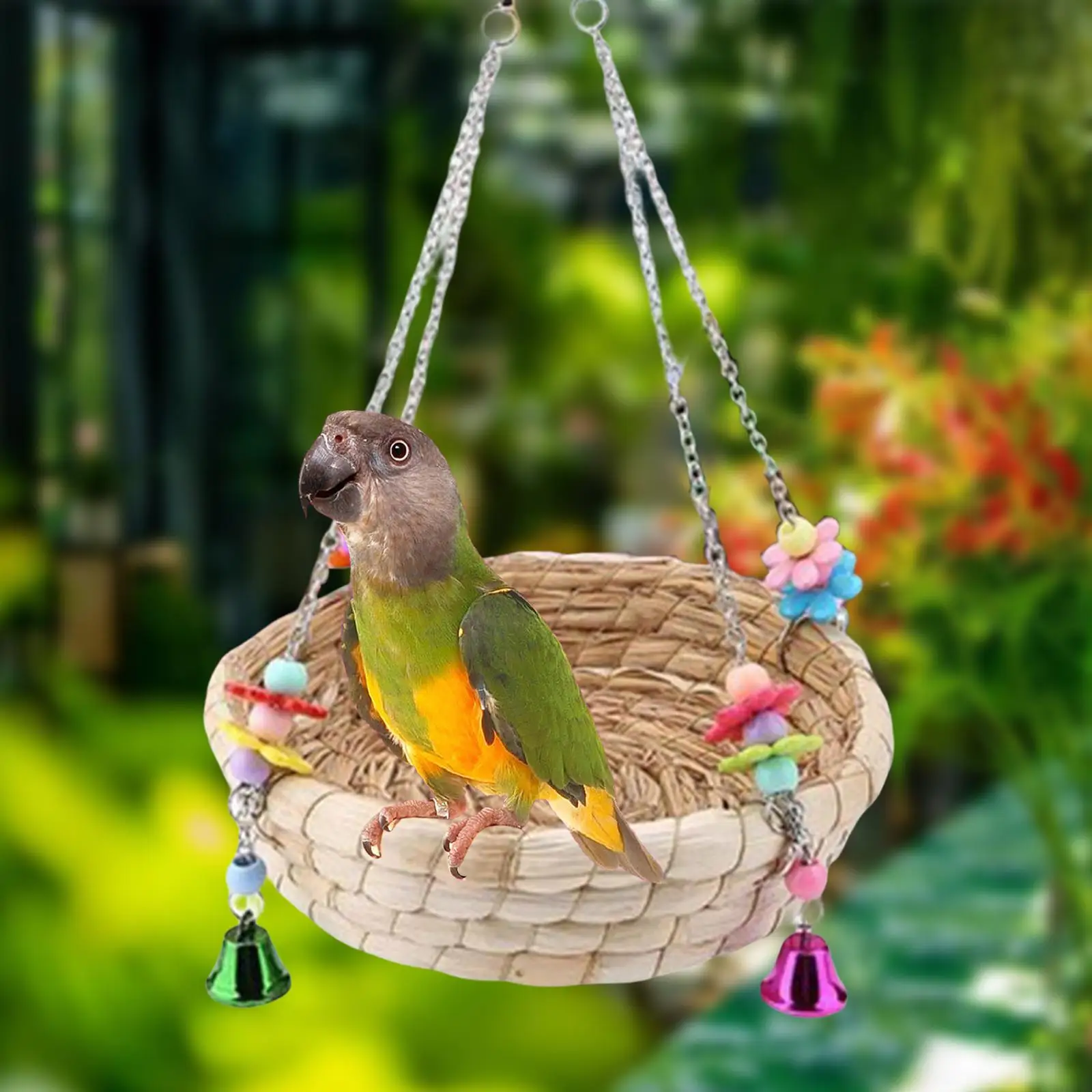 Multifunction Bird Straws Swing Toy Wall Hanging Toy Woven Straw Bird Hanging Bed for African Grey Conures Macaws Bird Chew