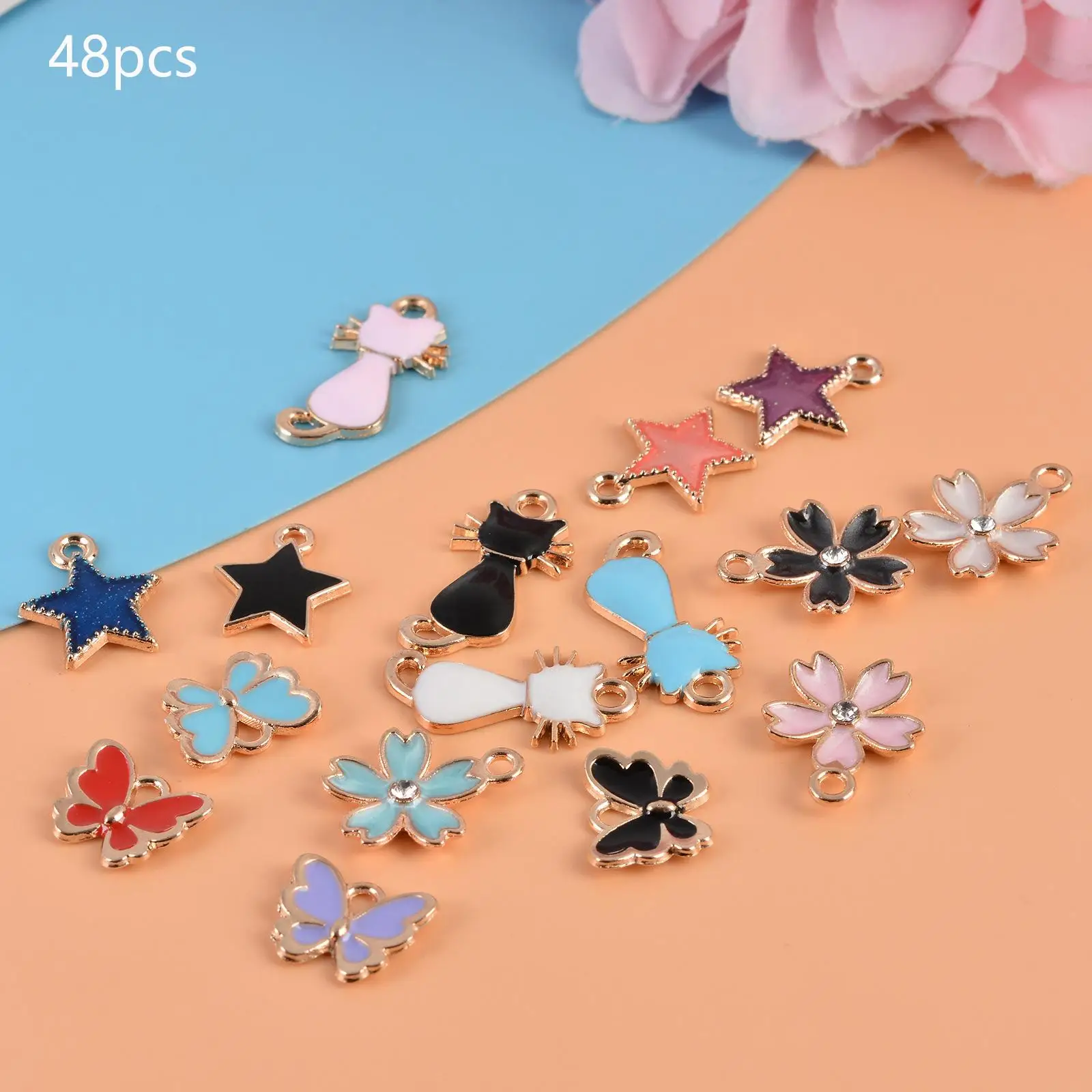 48x Assorted Enamel Charms Pendants 4 Styles Findings Dangles for Jewellery Making Bracelets Craft Gold Plated Mixed