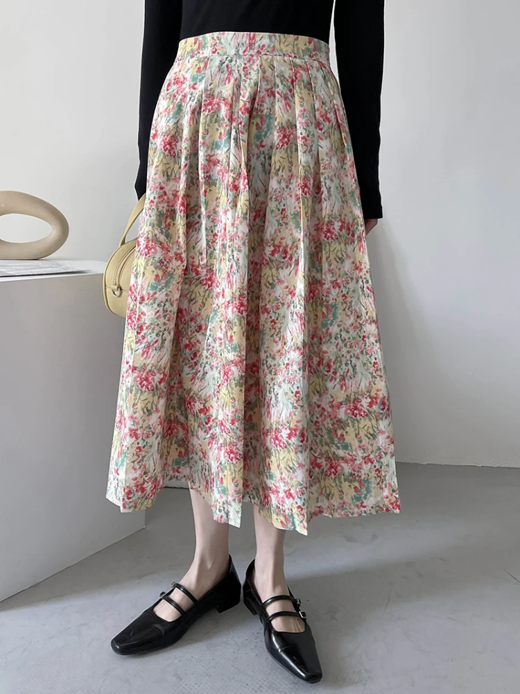 Spring Chic Fresh Floral Print Skirts Womens Vintage High Waist Elegant Pleated Skirt All-match Chiffon Faldas Mujer Moda 2022 mini skirt