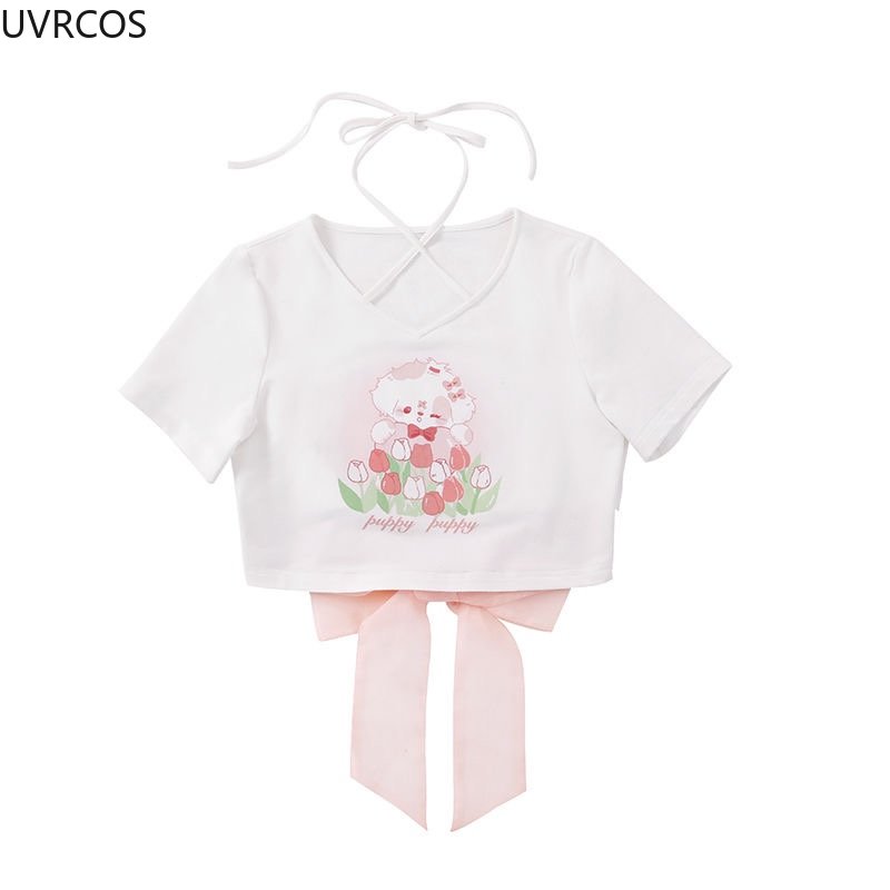 Kawaii Dog Print Cartoon Lolita T-Shirts Japanese Sweet Grils Pink Bow Bandage Cute Crop Tops Summer Y2k Tees Aesthetic Clothes
