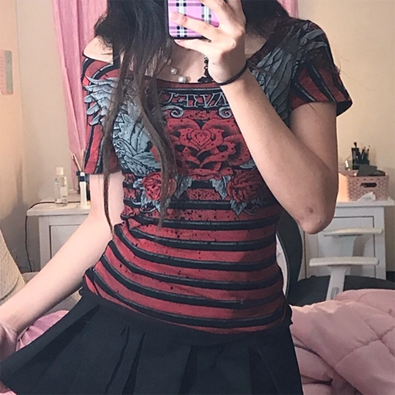 Y2K Gothic Grunge Striped Rose Graphic Print T-shirt Harajuku Short Sleeve Striped Crop Top E-girl Mall Goth Clothes Women Tees
