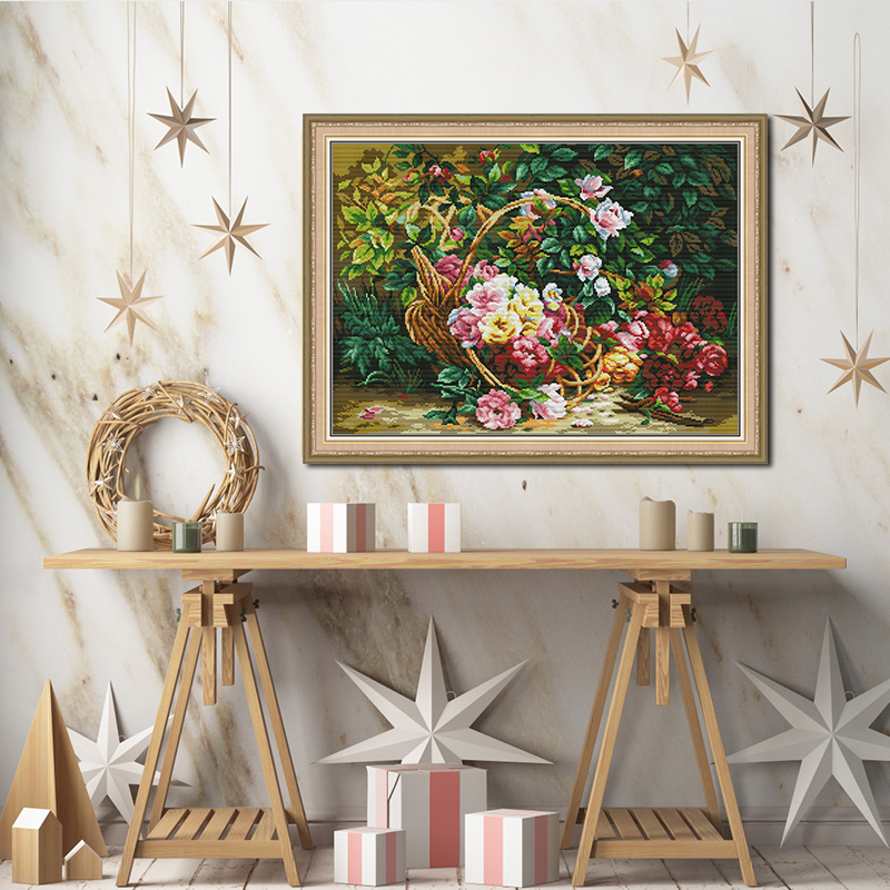 JoySunday DIY Rosa Sinensis Muster Gedruckt Kreuzstich Kits Aida 16/14CT Weiß Stoff Leinwand Nadel Stickerei Sets Home Decor – Detail 4