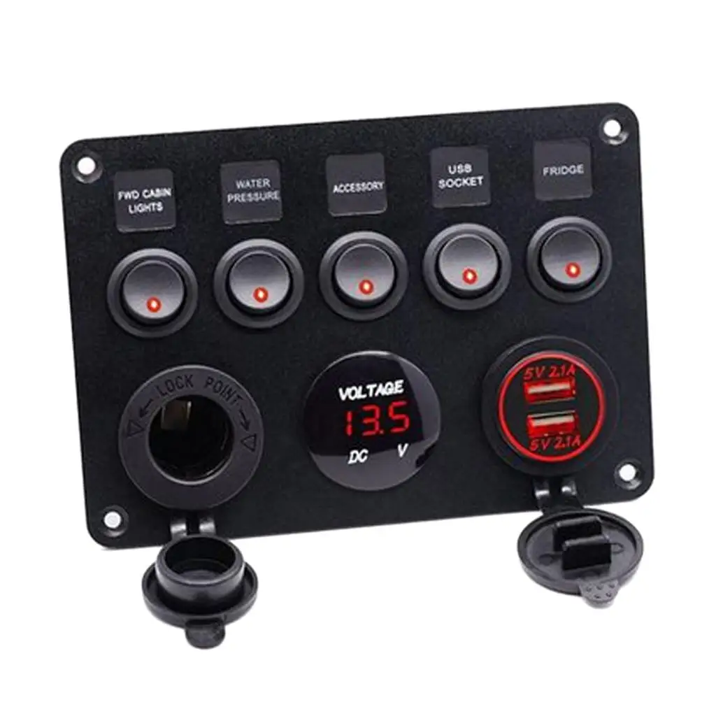 5 Gang Rocker Switch Panel for RV Marine Car Vehicles Truck Boat - Digital Voltmeter Display + Dual USB  Port, 12V DC, Red 