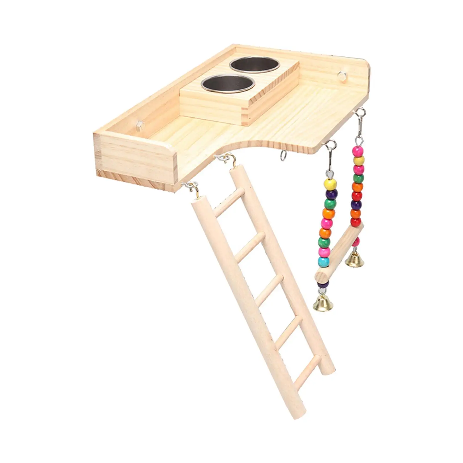 Pet Bird Parrot Playground Wooden Ladder Toy with 2 Cups for Parakeets Cockatiels Interactive Accessory Simple Installation