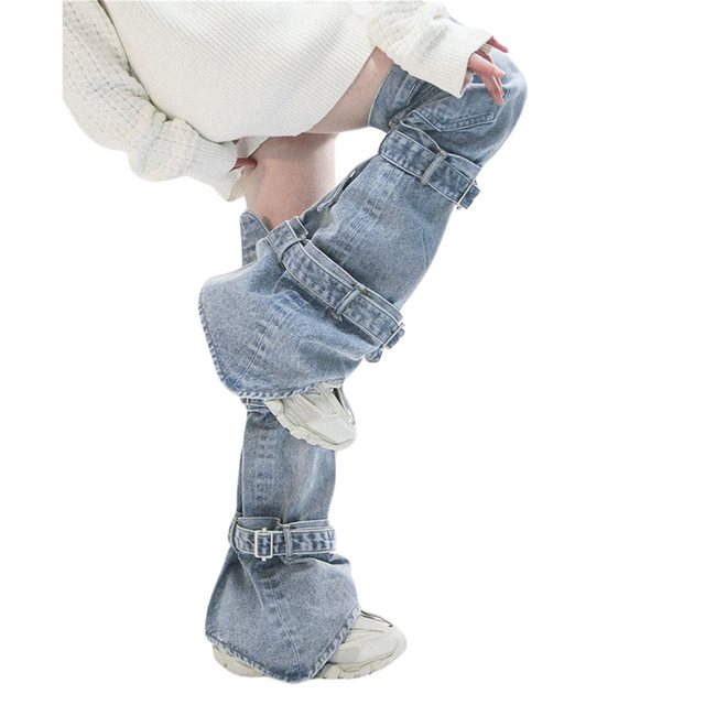 Women s Y2K Denim Leg Warmers 80s Knee High Harajuku Buckle Jean