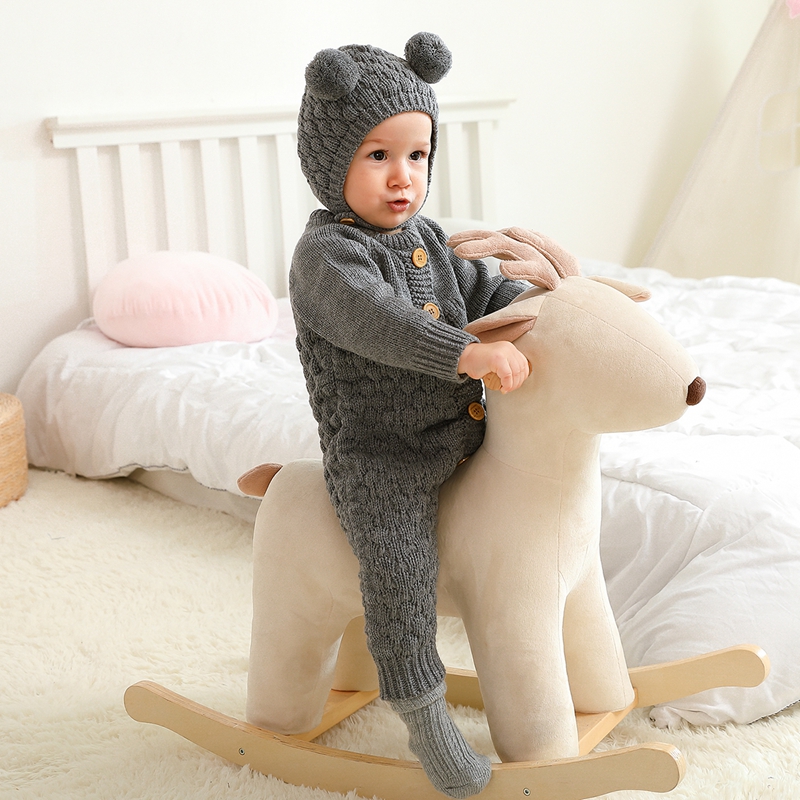 Infant Neugeborenen Baby 2PCS Winter Warme Outfits, Lange Ärmel Einfarbig Gestrickte Romper + Bär Hut Set – Detail 5