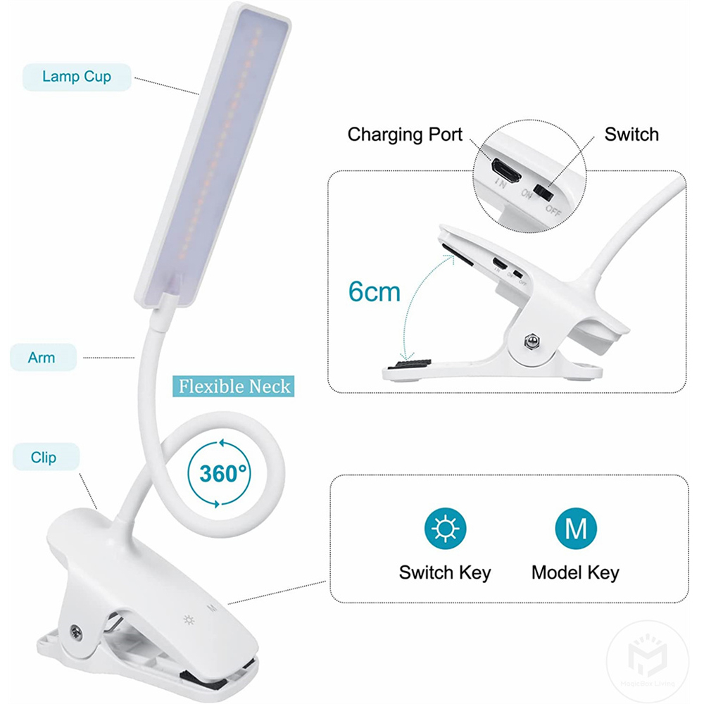 USB Recarregável Clip Livro Luz, 24 LED,