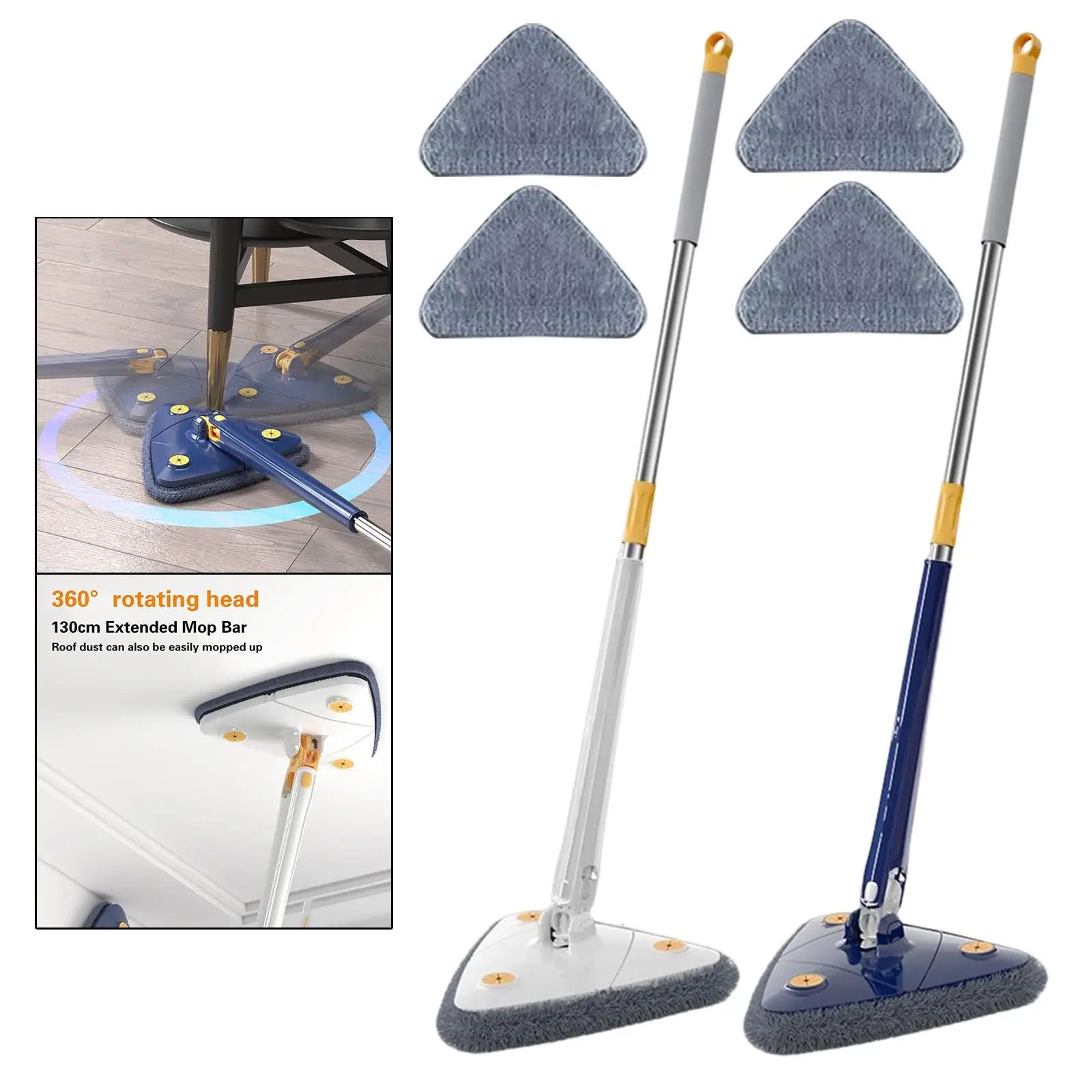 Rotatable Triangle Floor Mop with 3x Microfiber Pad Reusable Washable Adjustable Wood Wall Bathroom Cleaning