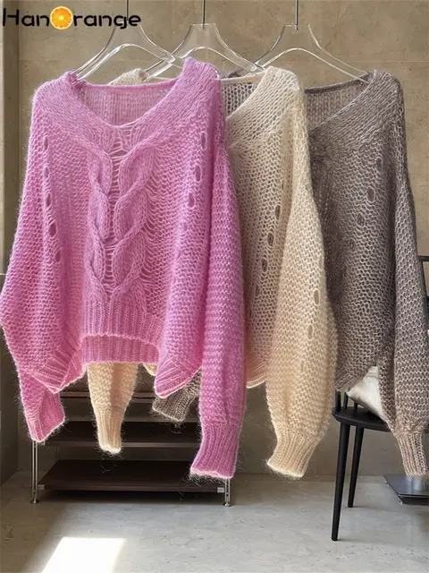 HanOrange 2024 Spring Lazy V-neck Mohair Sweater Women 