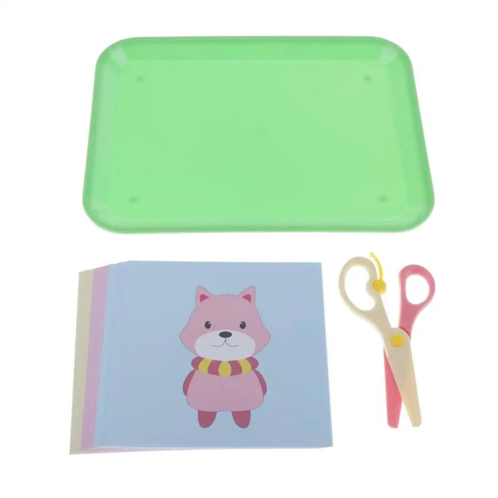 Montessori Teaching Aids, Cutting Set - 70pcs Papers with Different Shapes, 1 Green Tray and 1