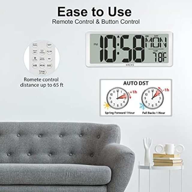 XREXS Large Digital Wall Clock with Backlight, 16.9 Inch Jumbo LCD Screen  with Time/Calendar/Temperature Display, Alarm Clocks for Bedroom Home  Decor