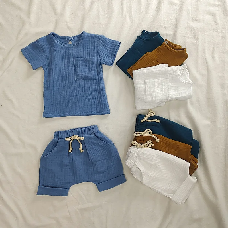 baby's complete set of clothing Summer Kids Girls Clothes Outfits Solid Muslin Baby Boy Clothes Sets Short Sleeves T Shirt for Newborn Suit Cotton Outfit 0-3T warm Baby Clothing Set
