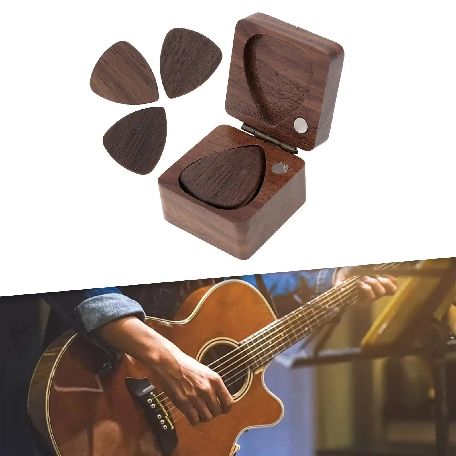 Wooden Guitar Picks Case Protection Sturdy with 3 Guitar Picks Handmade Christmas Gifts Mini Jewelry Box Guitar Pick Box Holder