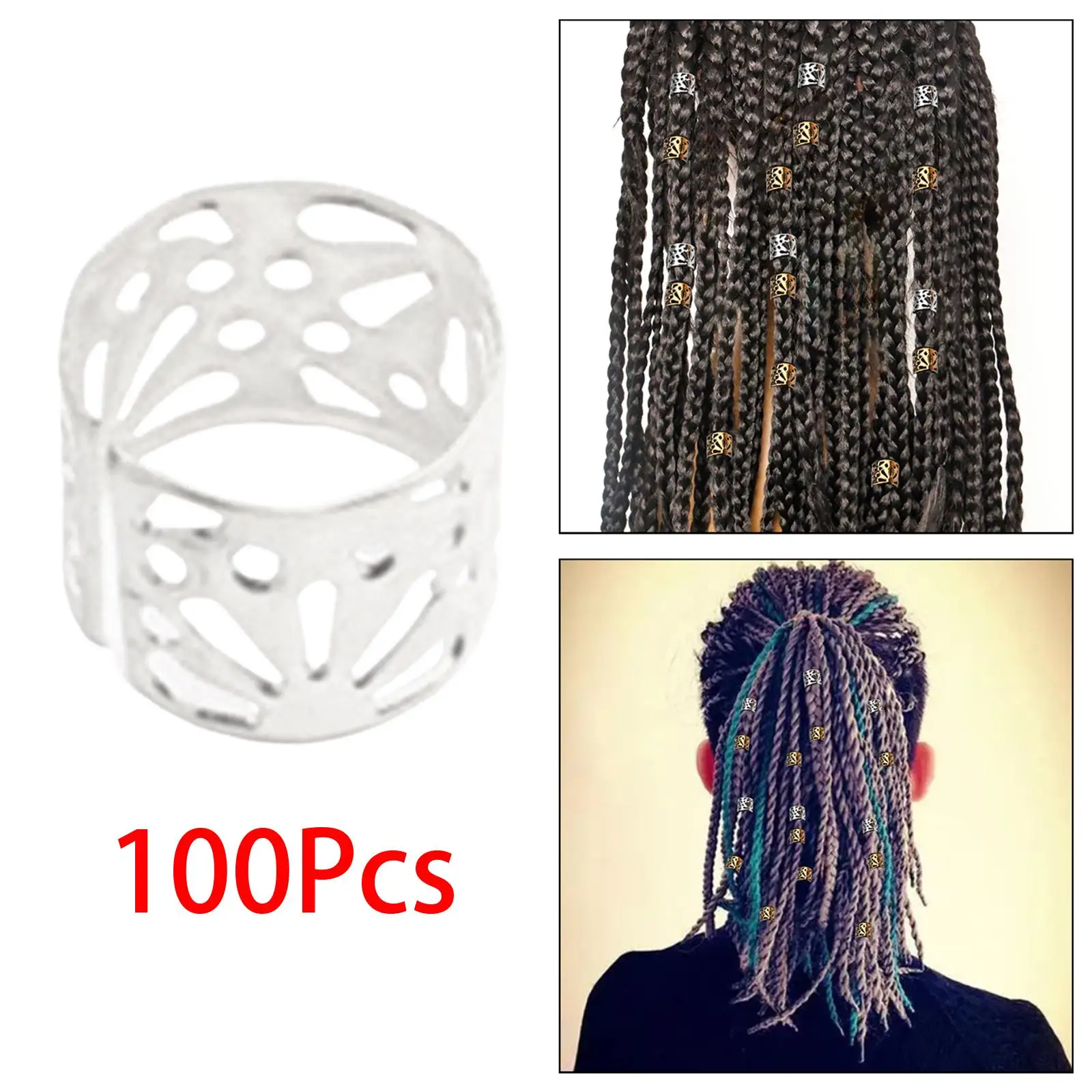 100x Dreadlocks Beads Hair Accessories, Hollow Pattern Opening Metal Clips Cuffs Rings Hair Braid Rings Clips, Beard Decoration