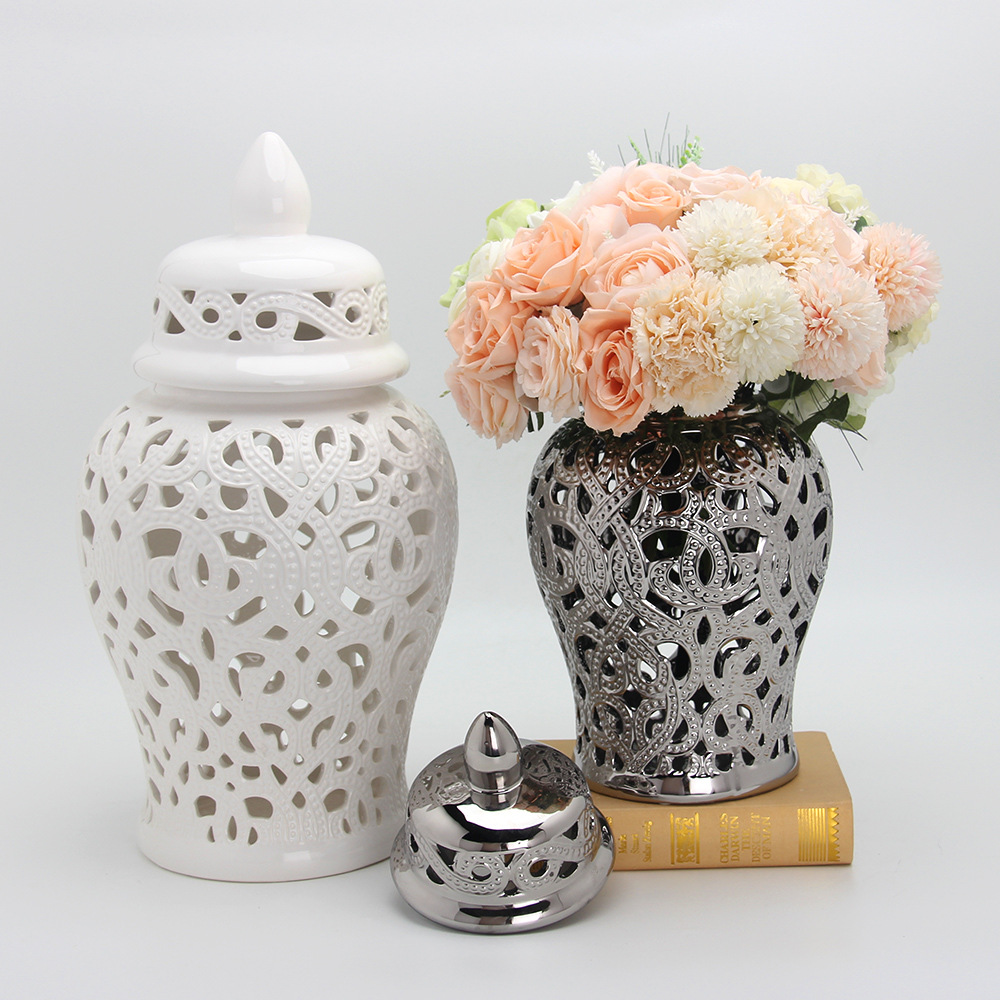 Chinese style silver-plated ceramic hollow universal jar home decoration living room desktop vase universal storage jar with lid