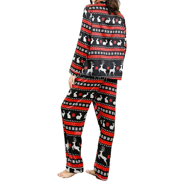 Cartoon Santa Claus Pattern Plain Weave Pajamas Set - Christmas Women  Sleepwear Lounge Sets with Pants