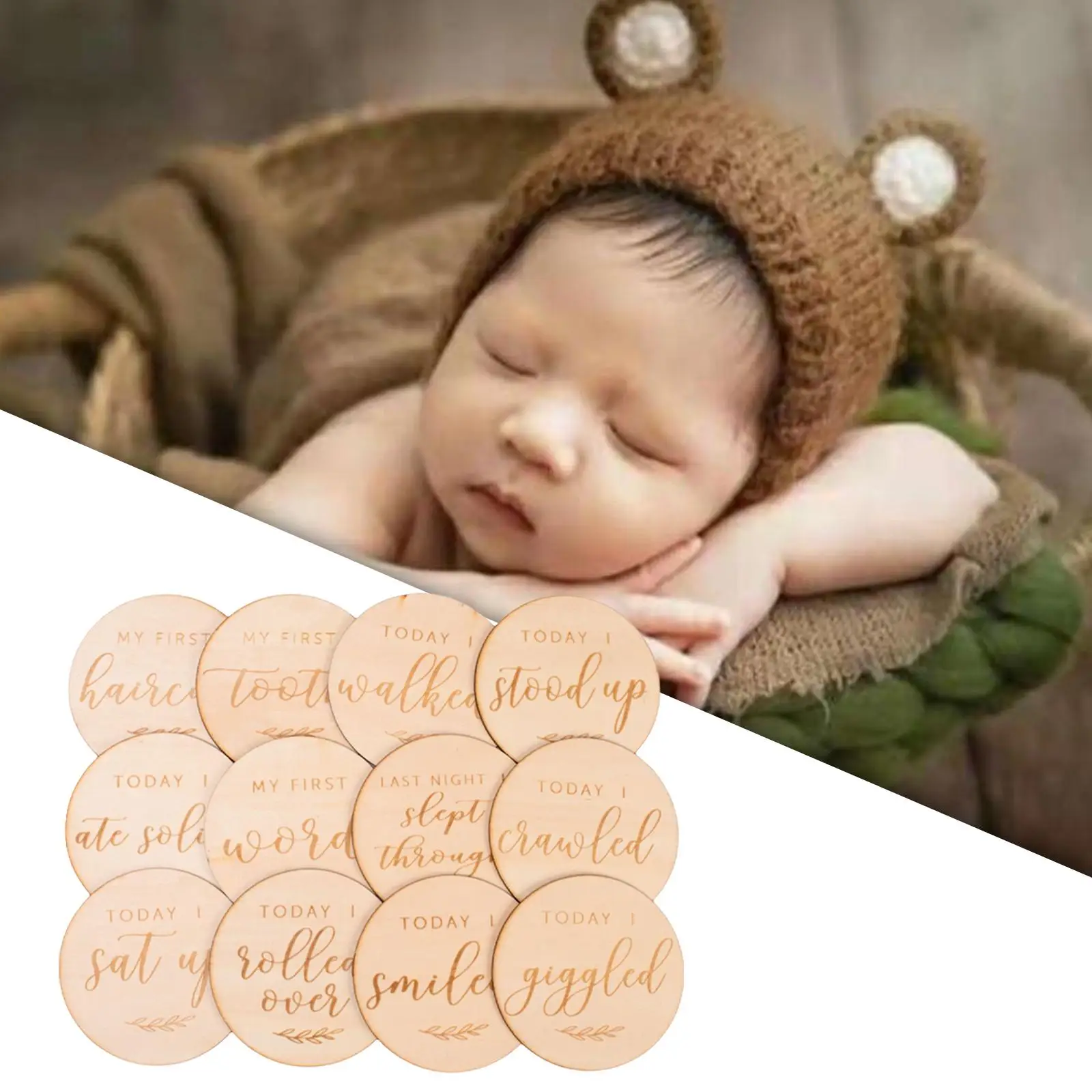 Beautiful Wooden Baby Milestone Cards Double Sided Newborn Photo Props Round Milestone Markers for Pregnancy Baby Shower Gifts