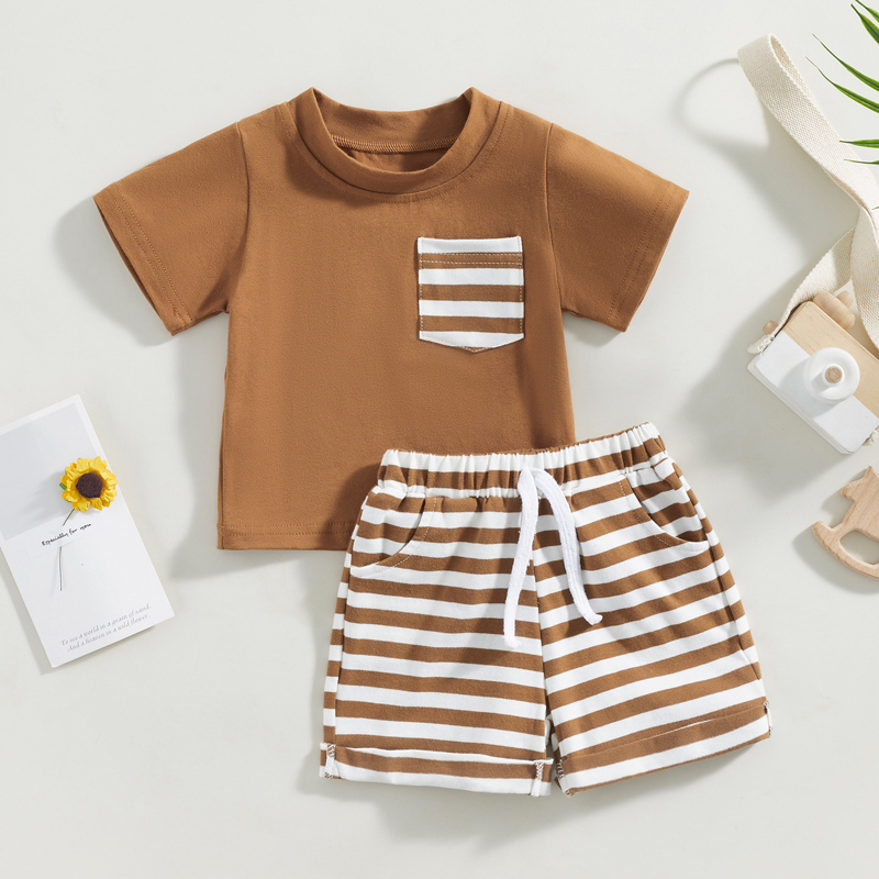 Description Picture 2 of itemKids Girls Boys Pants Suit Casual Party Short Sleeve Round Neck Tops Loose Striped Drawstring Short Pants Suit