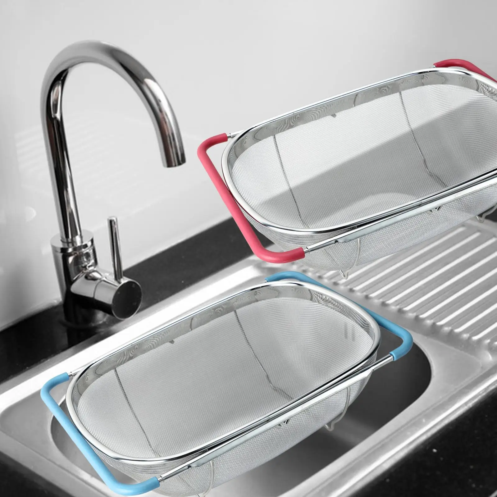 over Sink Colander Basket Expandable Kitchen Sink Rack with Steady Base Sink Washing Basket Adjustable Strainer Kitchen Supply