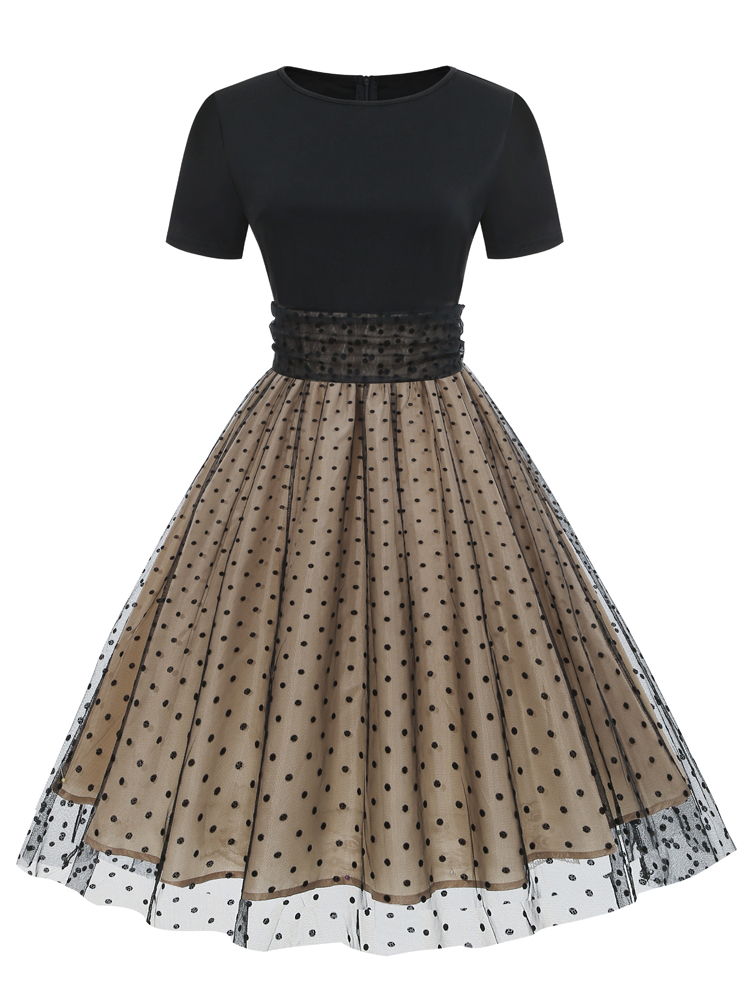 Manga Curta Retro Elegante Polka Dot Plissado vestidos