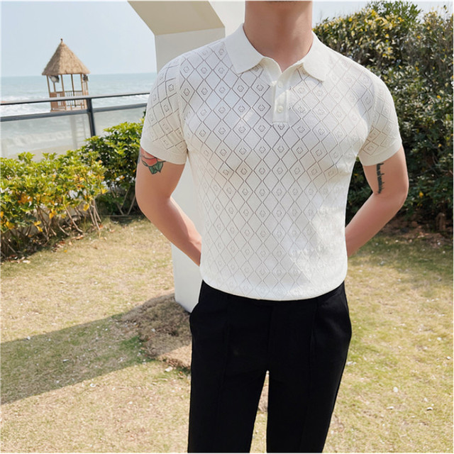  ZOKOL Summer Thin Ice Silk Knitted Shirts Mens